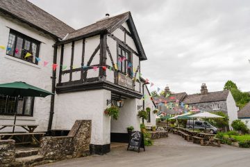 Outside of Church House Inn, Holne with bunting