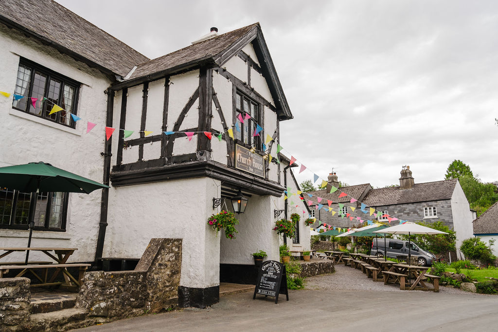 Outside of Church House Inn, Holne with bunting