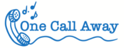One Call Away Logo - Blue Stylised old fashioned phone with notes coming out of earpiece